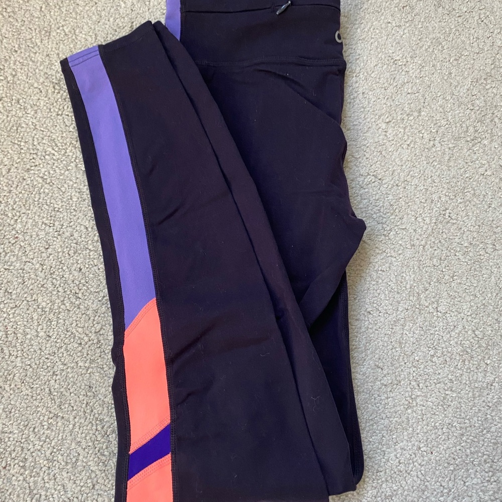 Athleta Black Leggings with Purple and Orange Accents